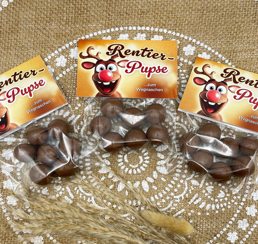 Weihnachten Gastgeschenk Rentier-Pupse, leckere Maltesers in süßer Geschenkverpackung, Mitbringsel für Heilig Abend, Adventskalender-Füllung