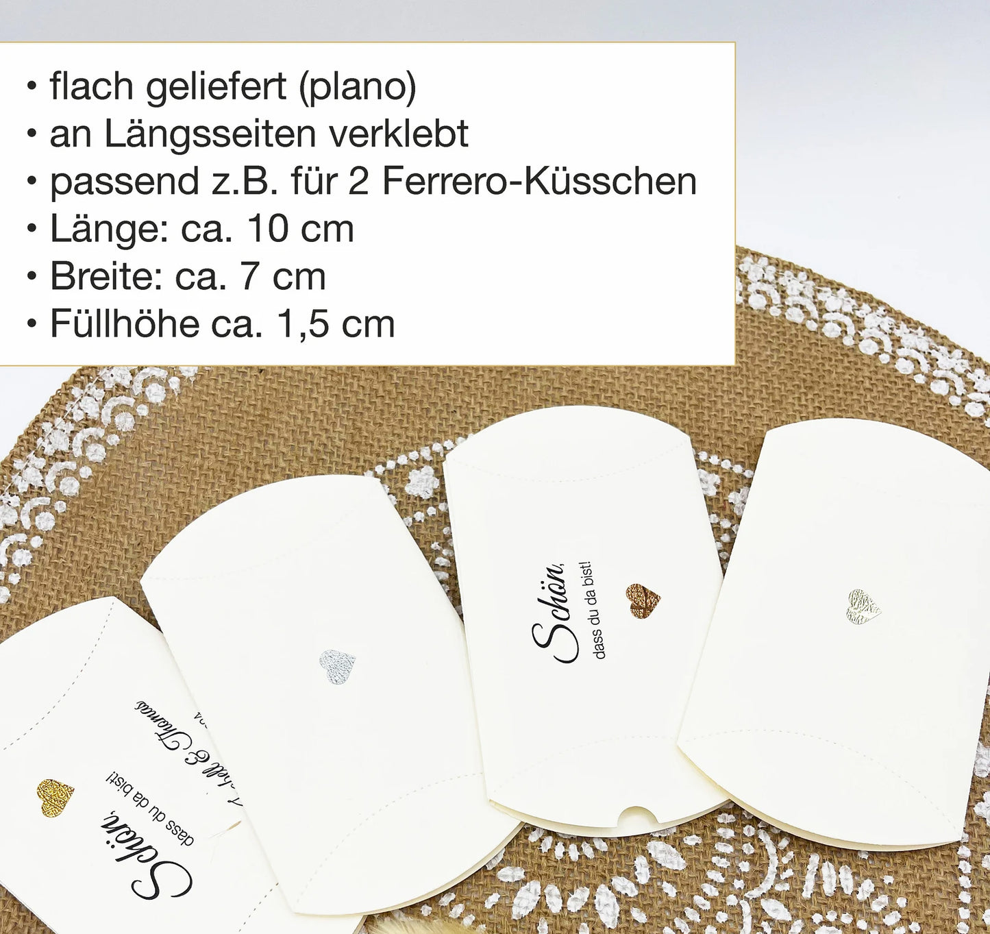 Gastgeschenk Verpackung Hochzeit / Taufe: Kissenschachtel CREME mit Satinband creme und glitzerndem Herz, optional personalisiert, 10 Stück