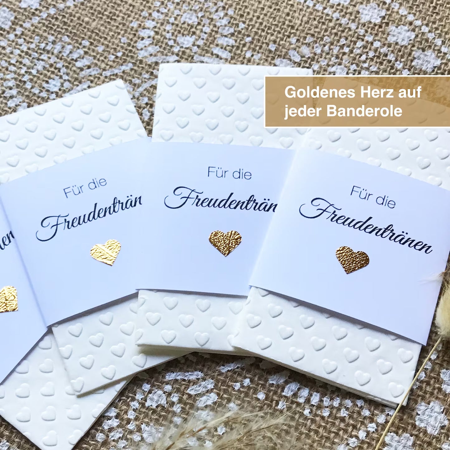 Geprägte Taschentücher Herz mit Banderole "Für die Freudentränen", mit HERZ auf WEISSEM Feinpapier, 10 Stück