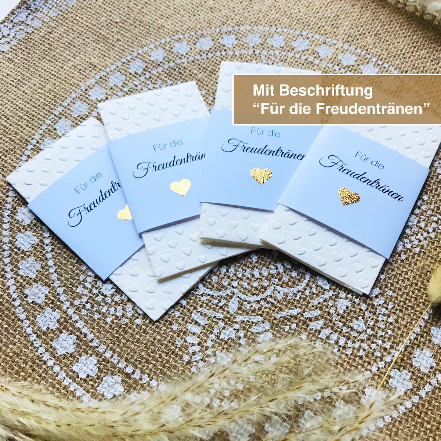 Geprägte Taschentücher Herz mit Banderole "Für die Freudentränen", mit HERZ auf WEISSEM Feinpapier, 10 Stück