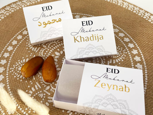 Dattelbox Ramadan Eid Umrah Geschenkverpackung für 3 Datteln o.a. Süßigkeiten, Gastgeschenk Eid Mubarak Iftar – Box mit Schuber