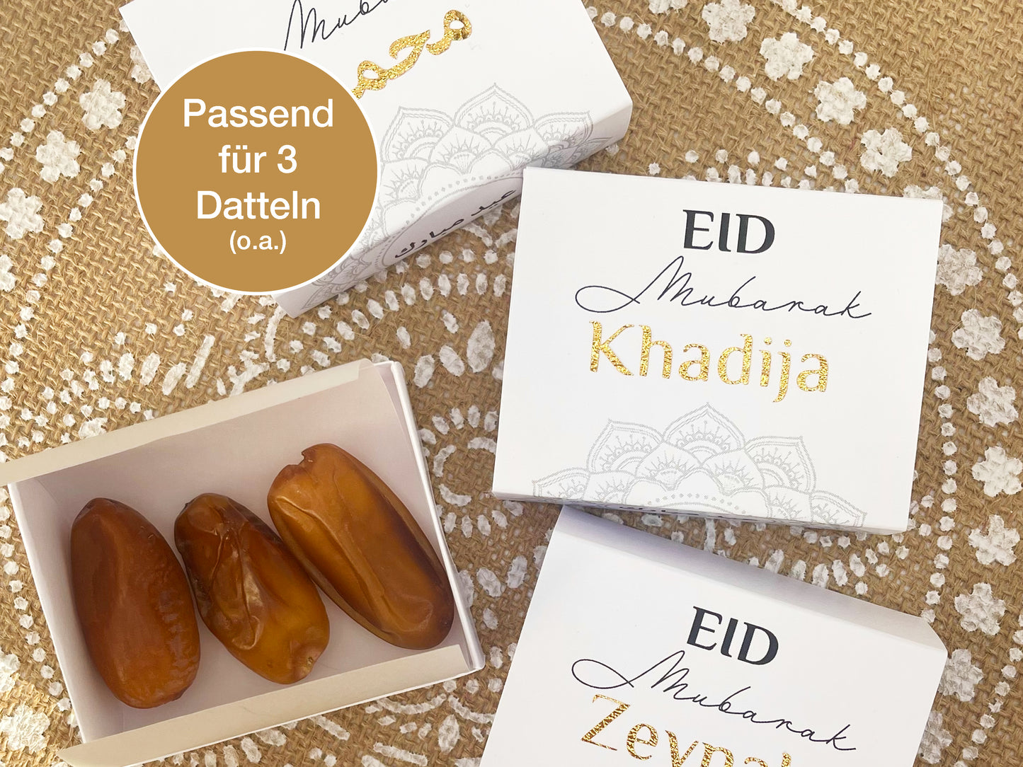 Dattelbox Ramadan Eid Umrah Geschenkverpackung für 3 Datteln o.a. Süßigkeiten, Gastgeschenk Eid Mubarak Iftar – Box mit Schuber