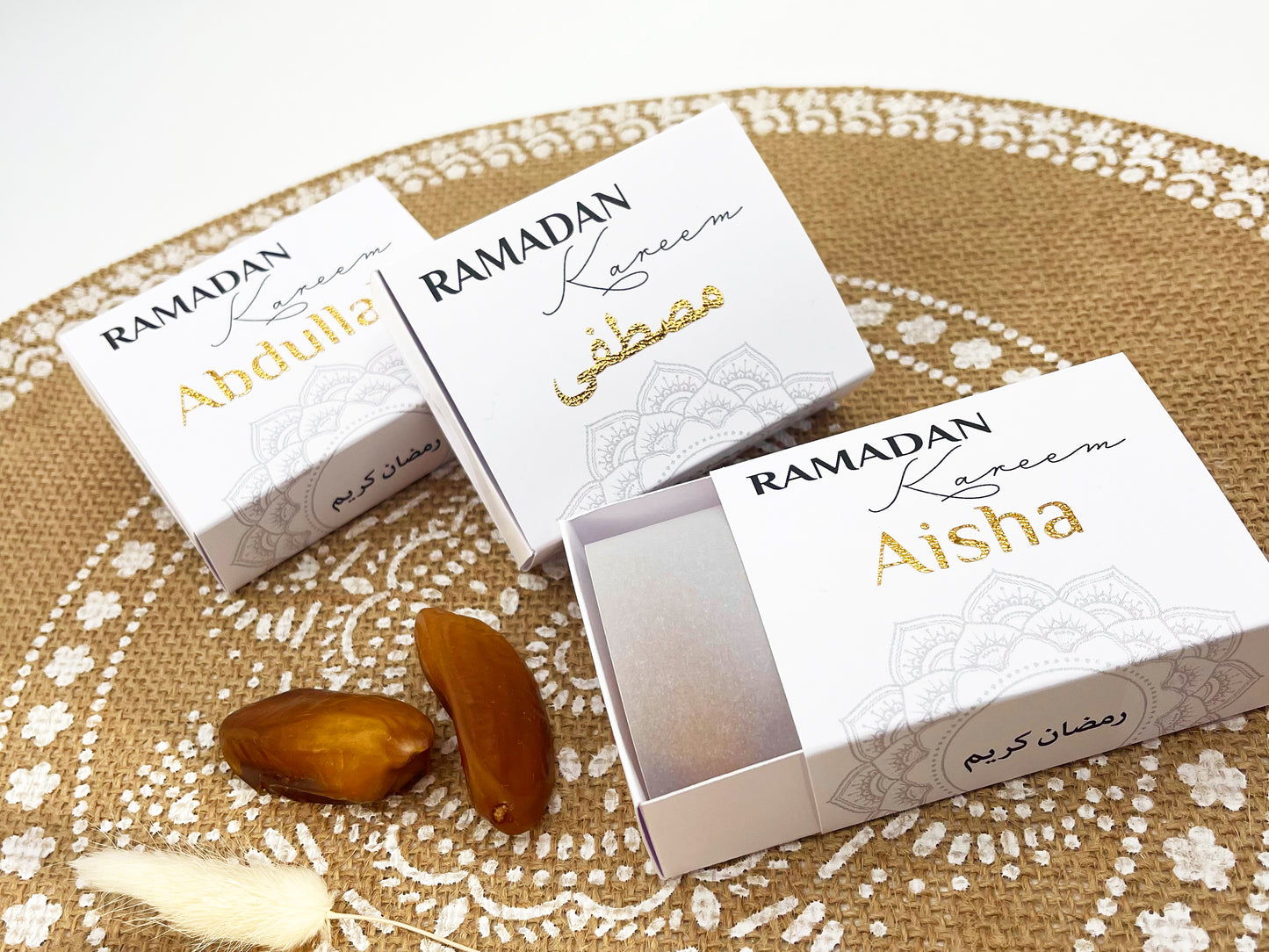 Dattelbox Ramadan Eid Umrah Geschenkverpackung für 3 Datteln o.a. Süßigkeiten, Gastgeschenk Ramadan Kareem Iftar – Box mit Schuber