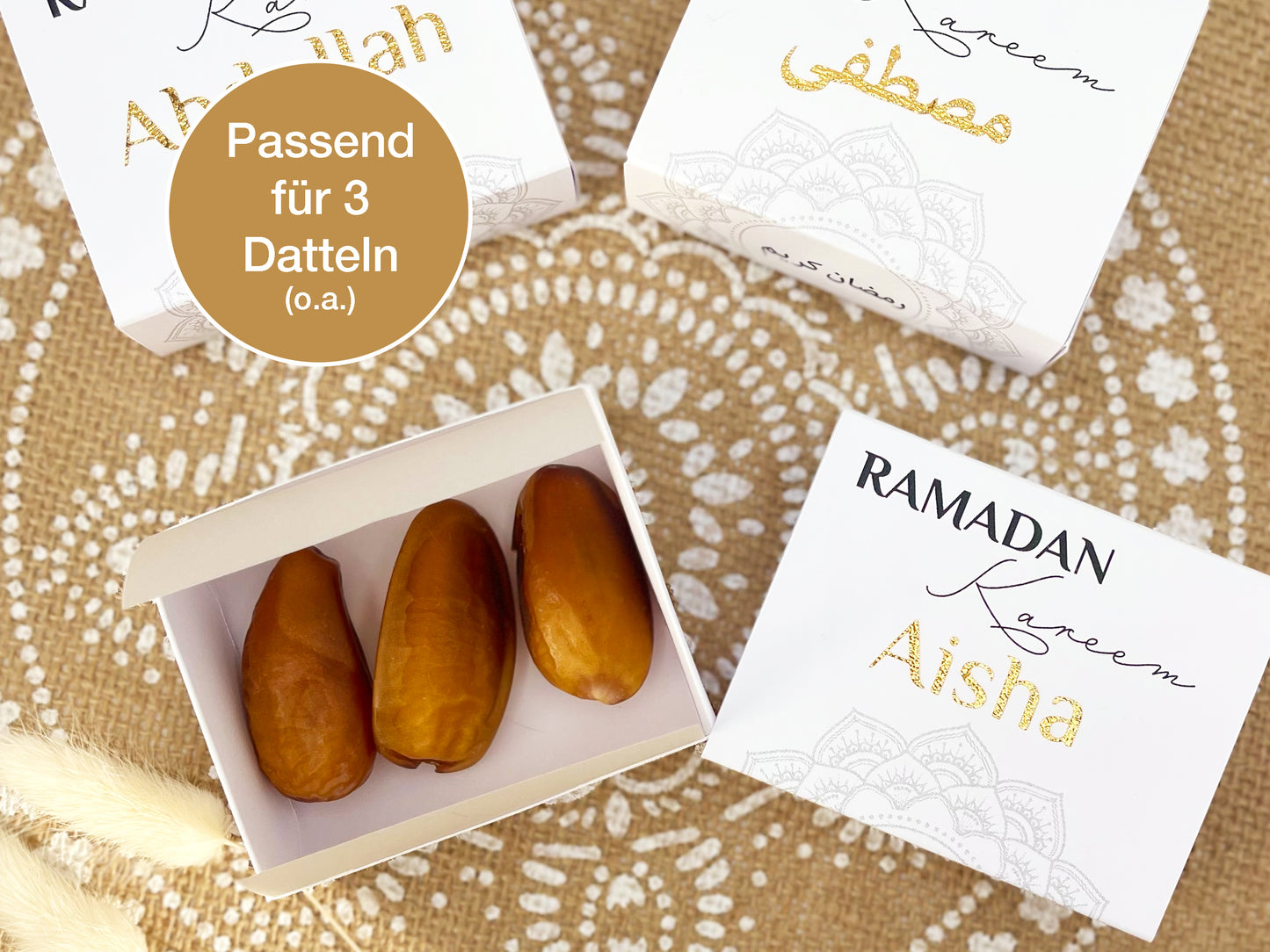 Dattelbox Ramadan Eid Umrah Geschenkverpackung für 3 Datteln o.a. Süßigkeiten, Gastgeschenk Ramadan Kareem Iftar – Box mit Schuber