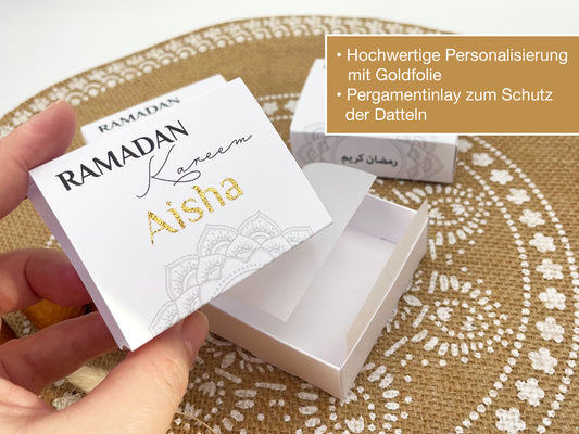 Dattelbox Ramadan Eid Umrah Geschenkverpackung für 3 Datteln o.a. Süßigkeiten, Gastgeschenk Ramadan Kareem Iftar – Box mit Schuber