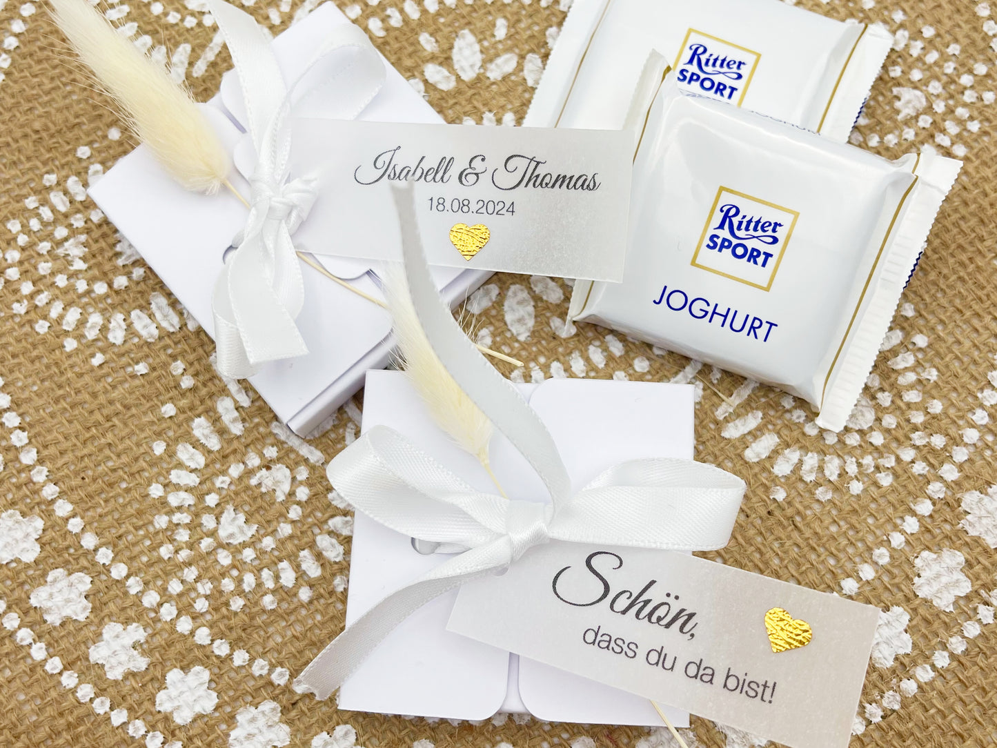 Gastgeschenk Ritter Sport Mini für Hochzeit, Taufe, Kommunion, 10 kleine Schachteln + personalisierbares Label, Trockenblüte, INKLUSIVE SCHOKI