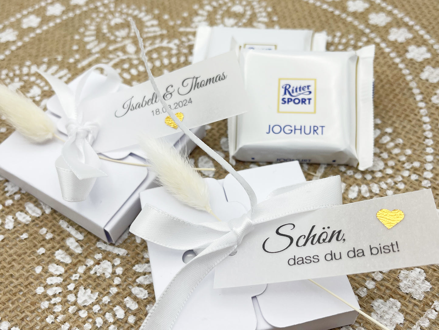 Gastgeschenk Ritter Sport Mini für Hochzeit, Taufe, Kommunion, 10 kleine Schachteln + personalisierbares Label, Trockenblüte, INKLUSIVE SCHOKI