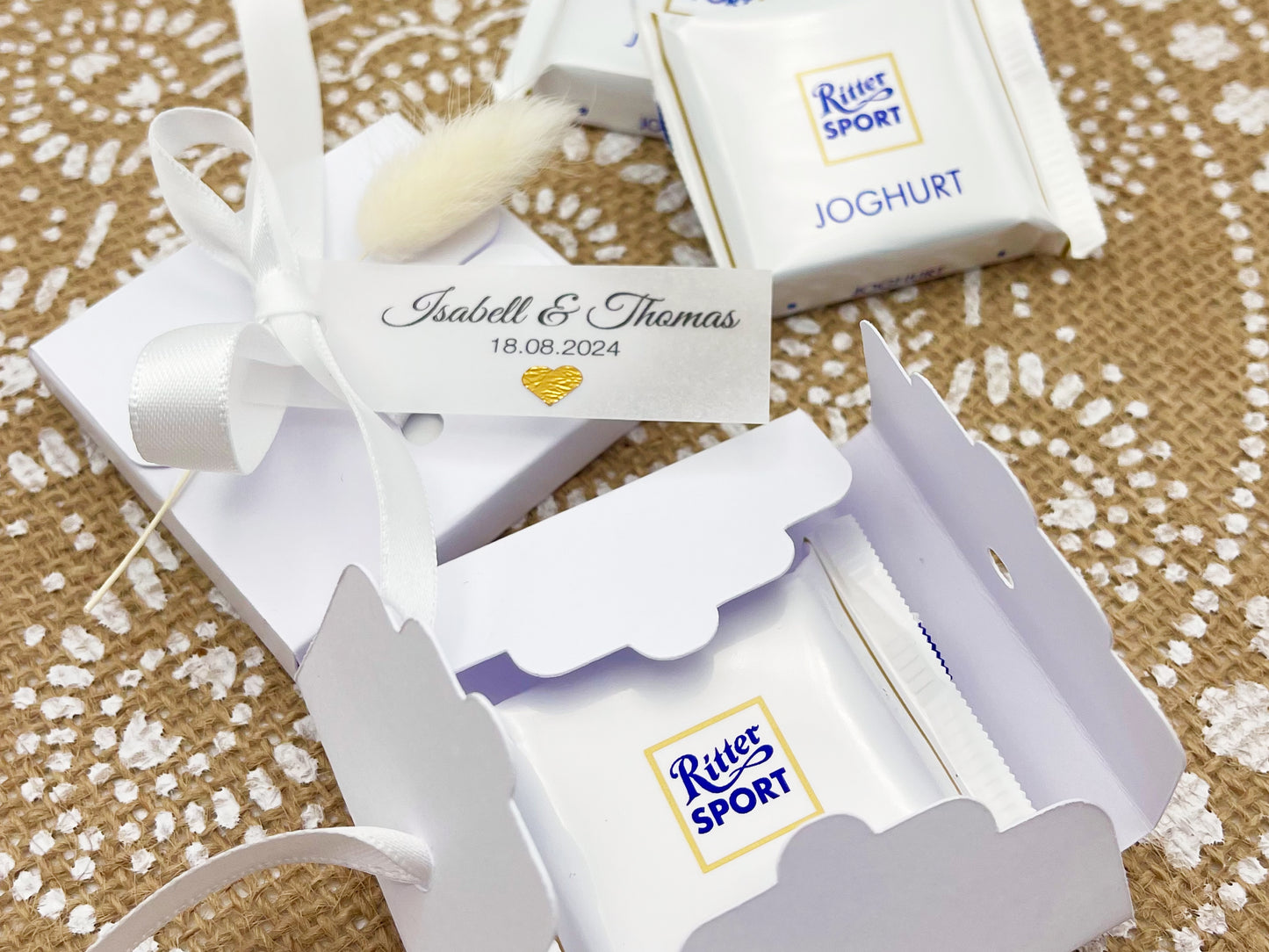 Gastgeschenk Ritter Sport Mini für Hochzeit, Taufe, Kommunion, 10 kleine Schachteln + personalisierbares Label, Trockenblüte, INKLUSIVE SCHOKI