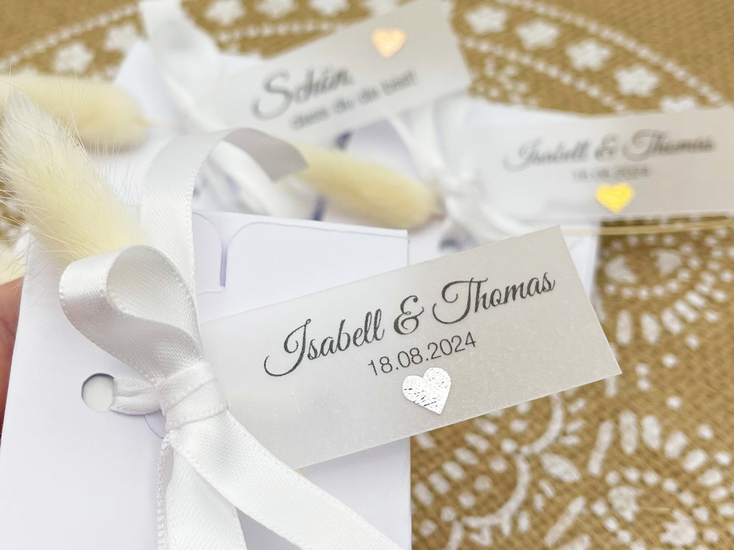 Gastgeschenk Ritter Sport Mini für Hochzeit, Taufe, Kommunion, 10 kleine Schachteln + personalisierbares Label, Trockenblüte, INKLUSIVE SCHOKI