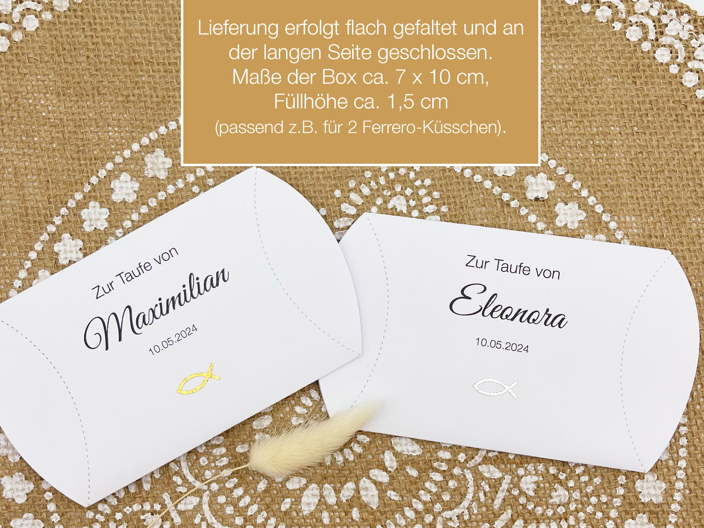 Gastgeschenk Verpackung Taufe/Kommunion: Kissenschachtel WEISS mit Satinband & glitzerndem Christenfisch, personalisiert, 10 Stück