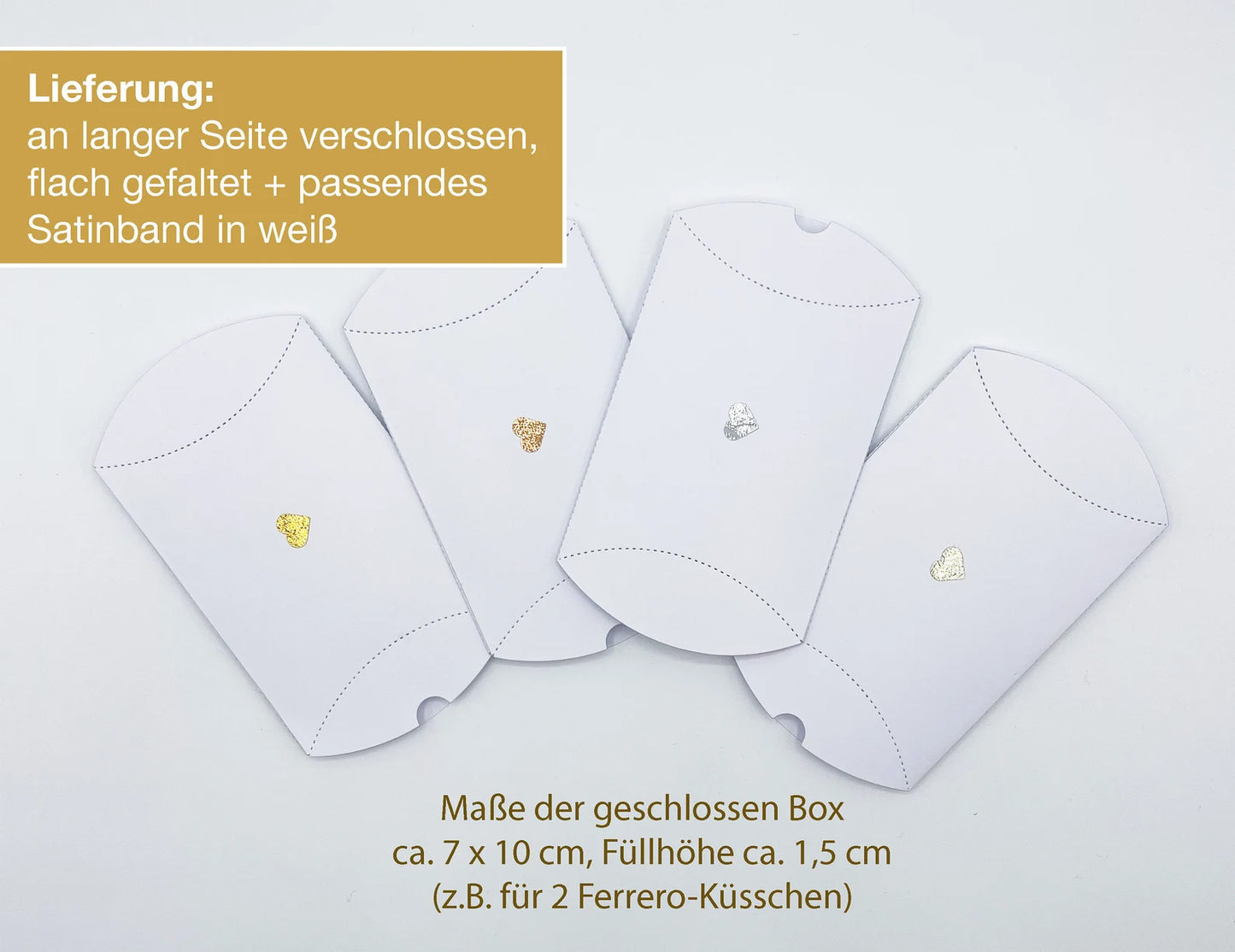 Gastgeschenk Verpackung Hochzeit / Taufe: Kissenschachtel WEISS mit Satinband weiß und glitzerndem Herz, optional personalisiert, 10 Stück