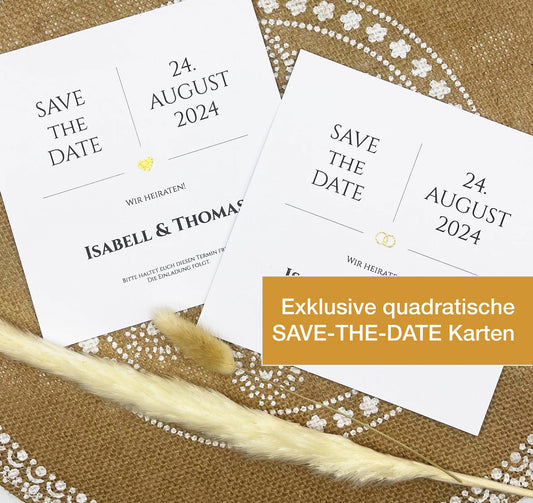 SAVE THE DATE | Edle quadratische Save-the-Date Karten zur Verkündung des Hochzeitstermins mit glitzerndem Herz / Ringen in 4 versch. Farben