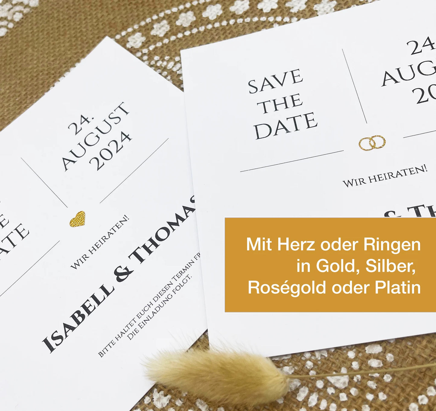 SAVE THE DATE | Edle quadratische Save-the-Date Karten zur Verkündung des Hochzeitstermins mit glitzerndem Herz / Ringen in 4 versch. Farben