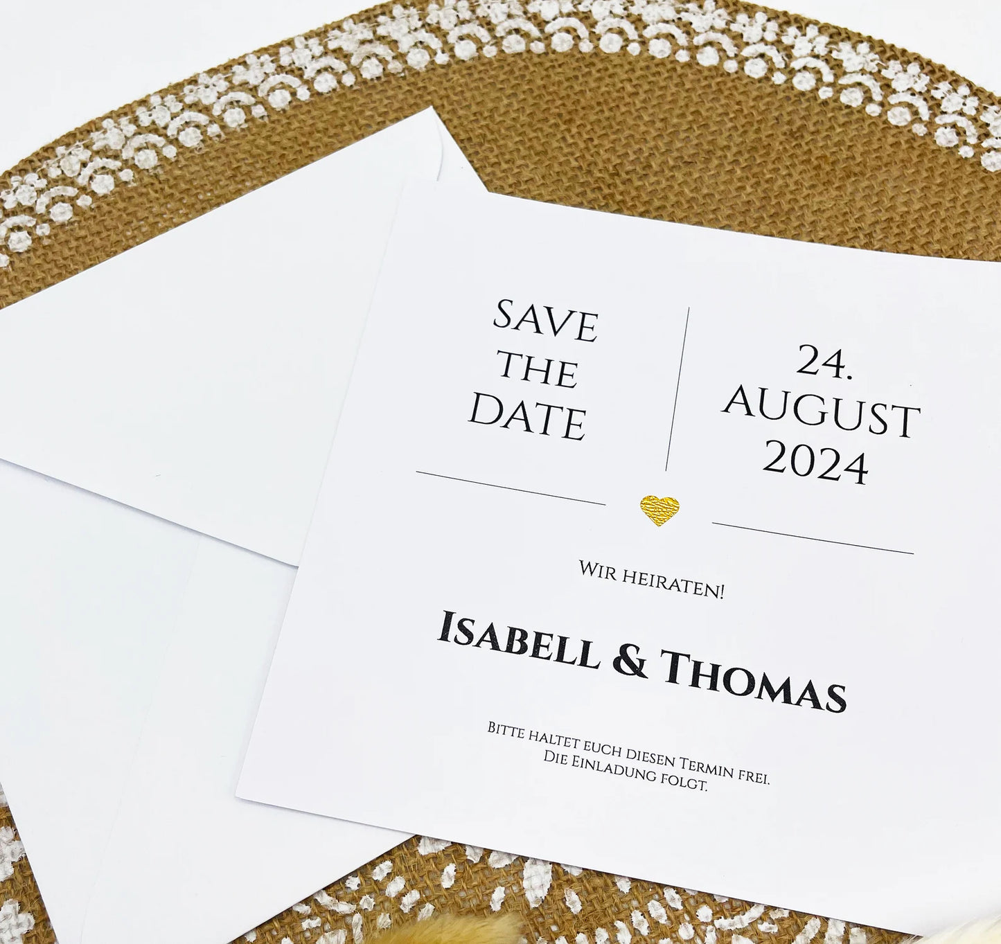 SAVE THE DATE | Edle quadratische Save-the-Date Karten zur Verkündung des Hochzeitstermins mit glitzerndem Herz / Ringen in 4 versch. Farben