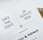 SAVE THE DATE | Edle quadratische Save-the-Date Karten zur Verkündung des Hochzeitstermins mit glitzerndem Herz / Ringen in 4 versch. Farben