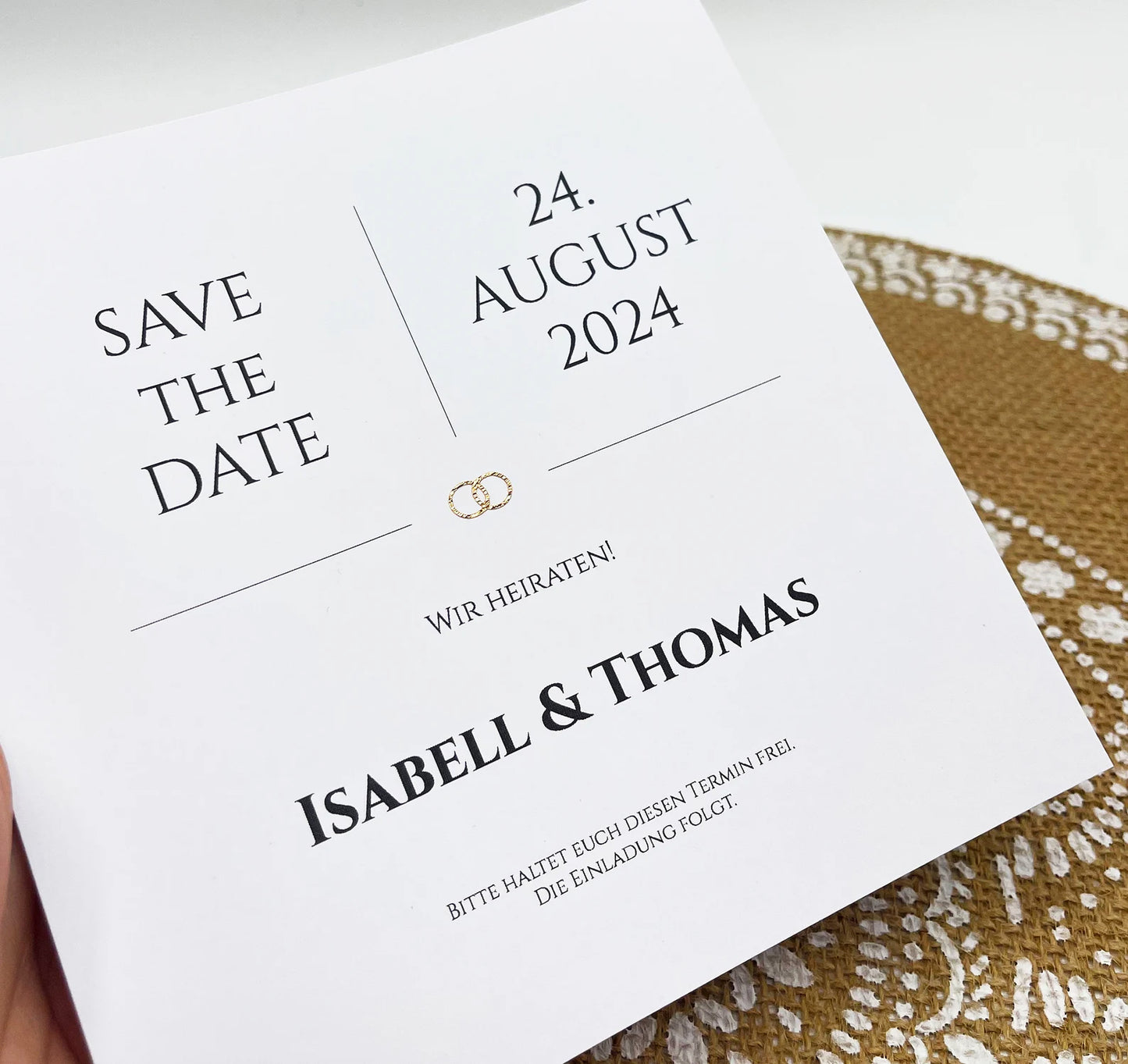 SAVE THE DATE | Edle quadratische Save-the-Date Karten zur Verkündung des Hochzeitstermins mit glitzerndem Herz / Ringen in 4 versch. Farben