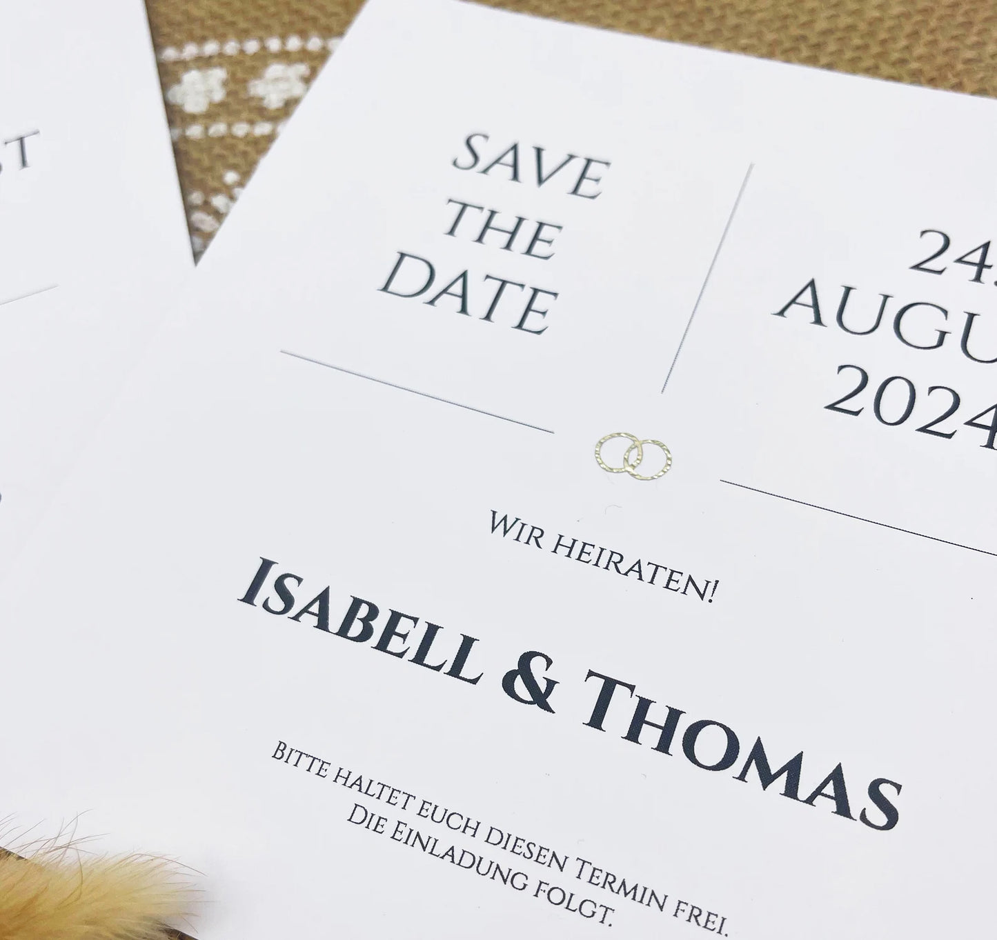 SAVE THE DATE | Edle quadratische Save-the-Date Karten zur Verkündung des Hochzeitstermins mit glitzerndem Herz / Ringen in 4 versch. Farben