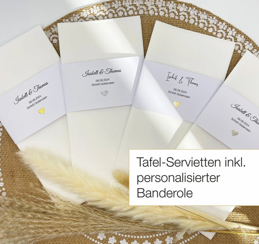 Servietten Hochzeit / Taufe personalisiert, WEISS mit weißer Banderole & individuellem Text + Glitzer-Herz, 10 Stück