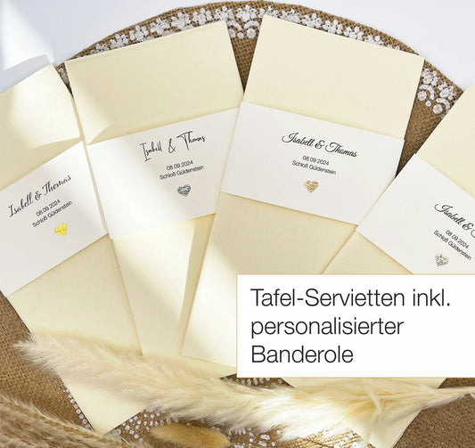 Servietten Hochzeit / Taufe personalisiert, CREME mit cremefarbener Banderole & eigenem Text + Glitzer-Herz, 10 Stück