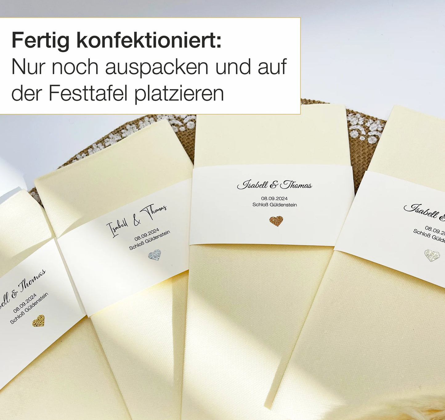 Servietten Hochzeit / Taufe personalisiert, CREME mit cremefarbener Banderole & eigenem Text + Glitzer-Herz, 10 Stück