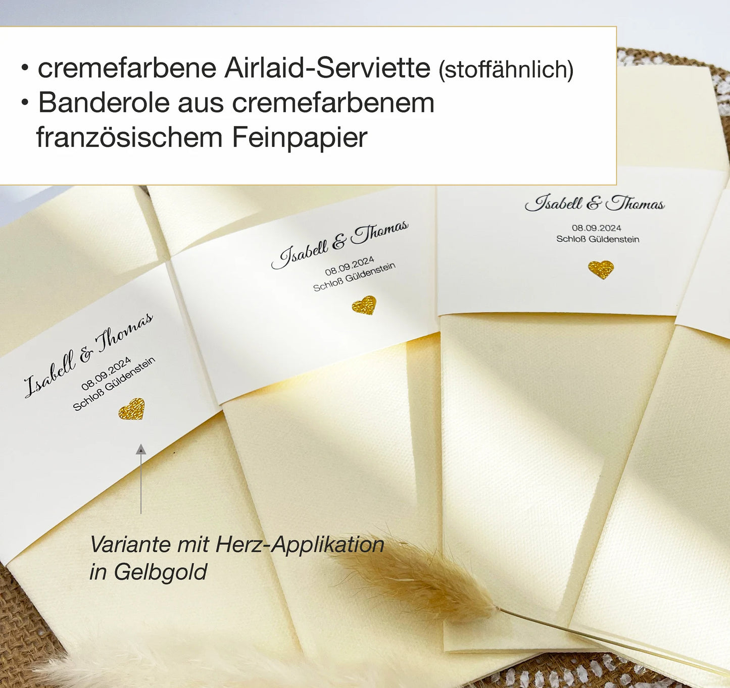 Servietten Hochzeit / Taufe personalisiert, CREME mit cremefarbener Banderole & eigenem Text + Glitzer-Herz, 10 Stück