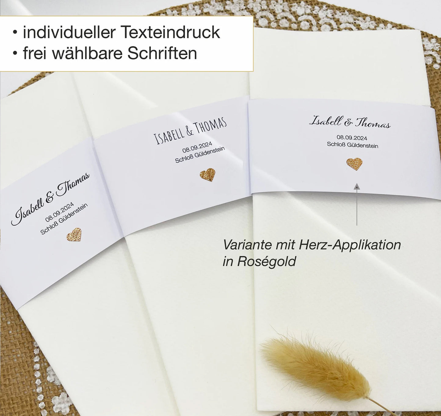 Servietten Hochzeit / Taufe personalisiert, WEISS mit weißer Banderole & individuellem Text + Glitzer-Herz, 10 Stück