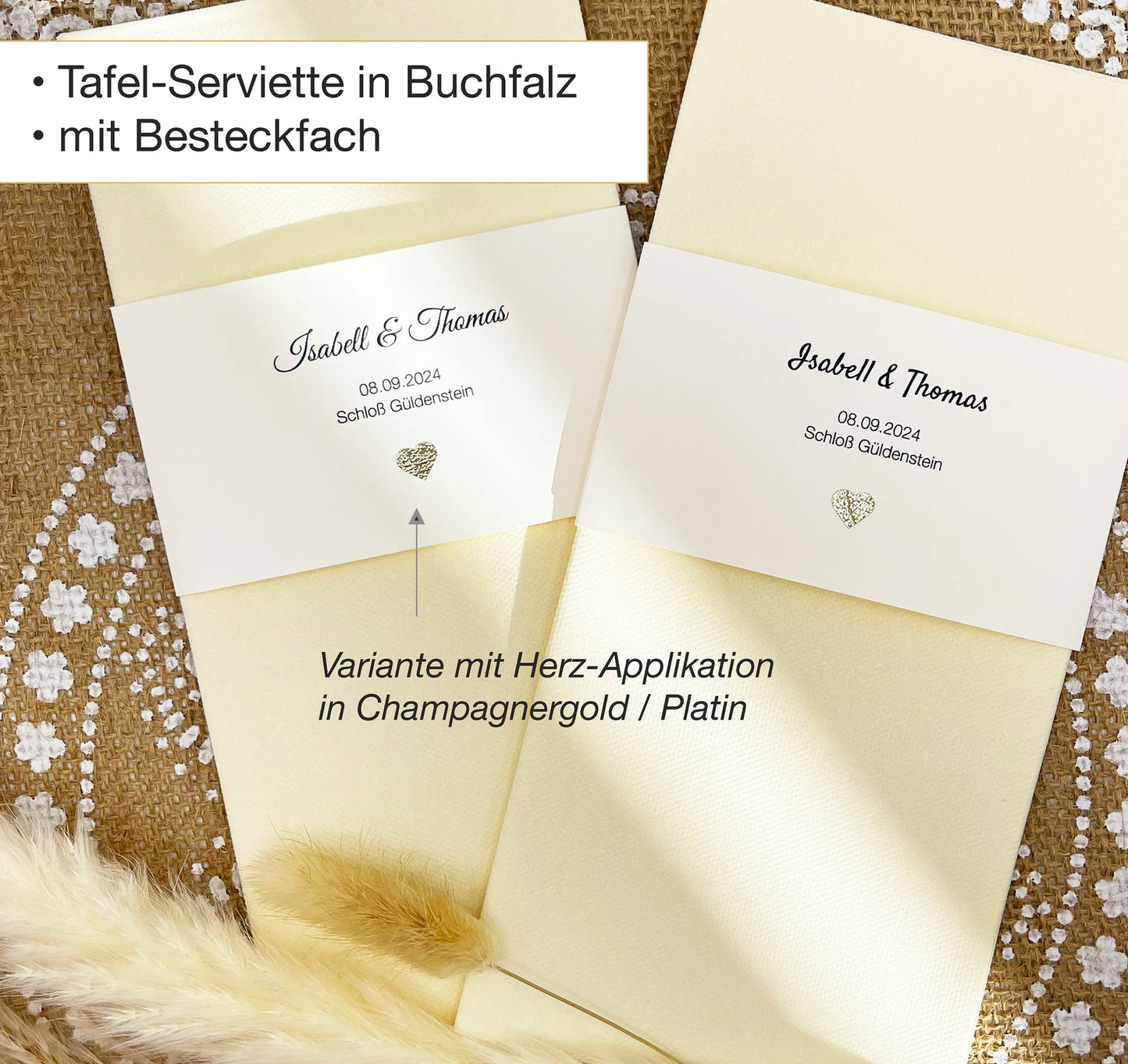 Servietten Hochzeit / Taufe personalisiert, CREME mit cremefarbener Banderole & eigenem Text + Glitzer-Herz, 10 Stück