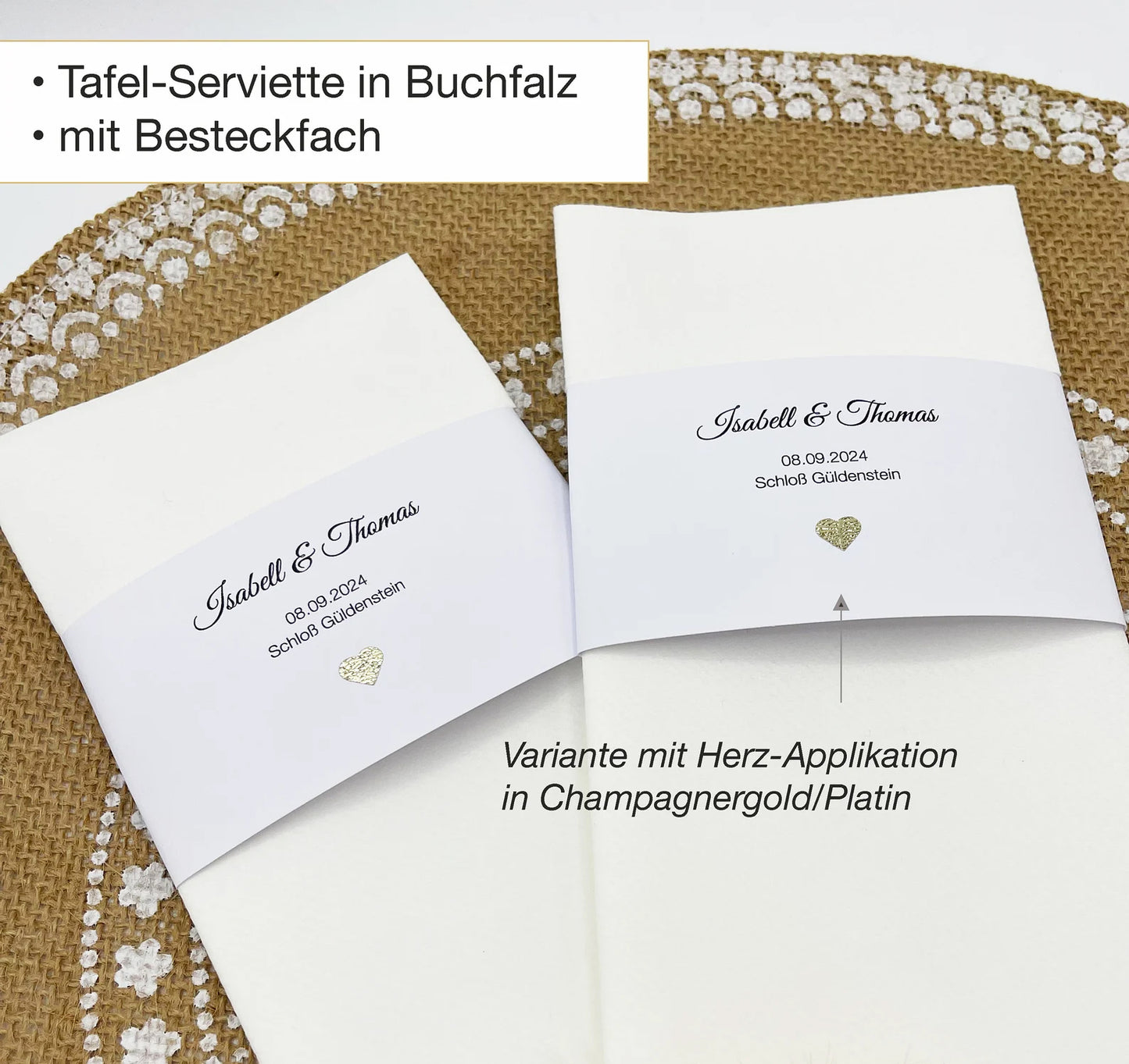 Servietten Hochzeit / Taufe personalisiert, WEISS mit weißer Banderole & individuellem Text + Glitzer-Herz, 10 Stück