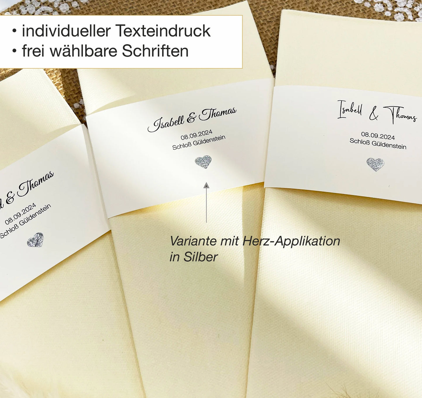 Servietten Hochzeit / Taufe personalisiert, CREME mit cremefarbener Banderole & eigenem Text + Glitzer-Herz, 10 Stück