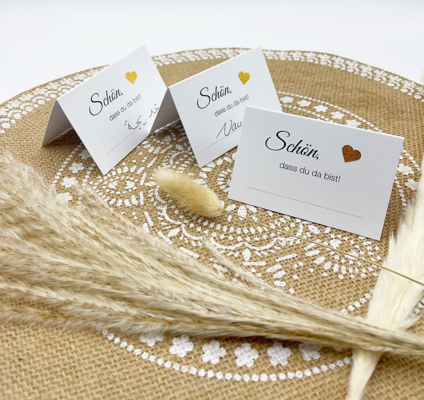 Tischkarten Hochzeit / Taufe "Schön, dass du da bist" glitzerndes Herz Gold, Silber, Roségold. Platzkarten zum selbst Beschriften, 25 Stück.