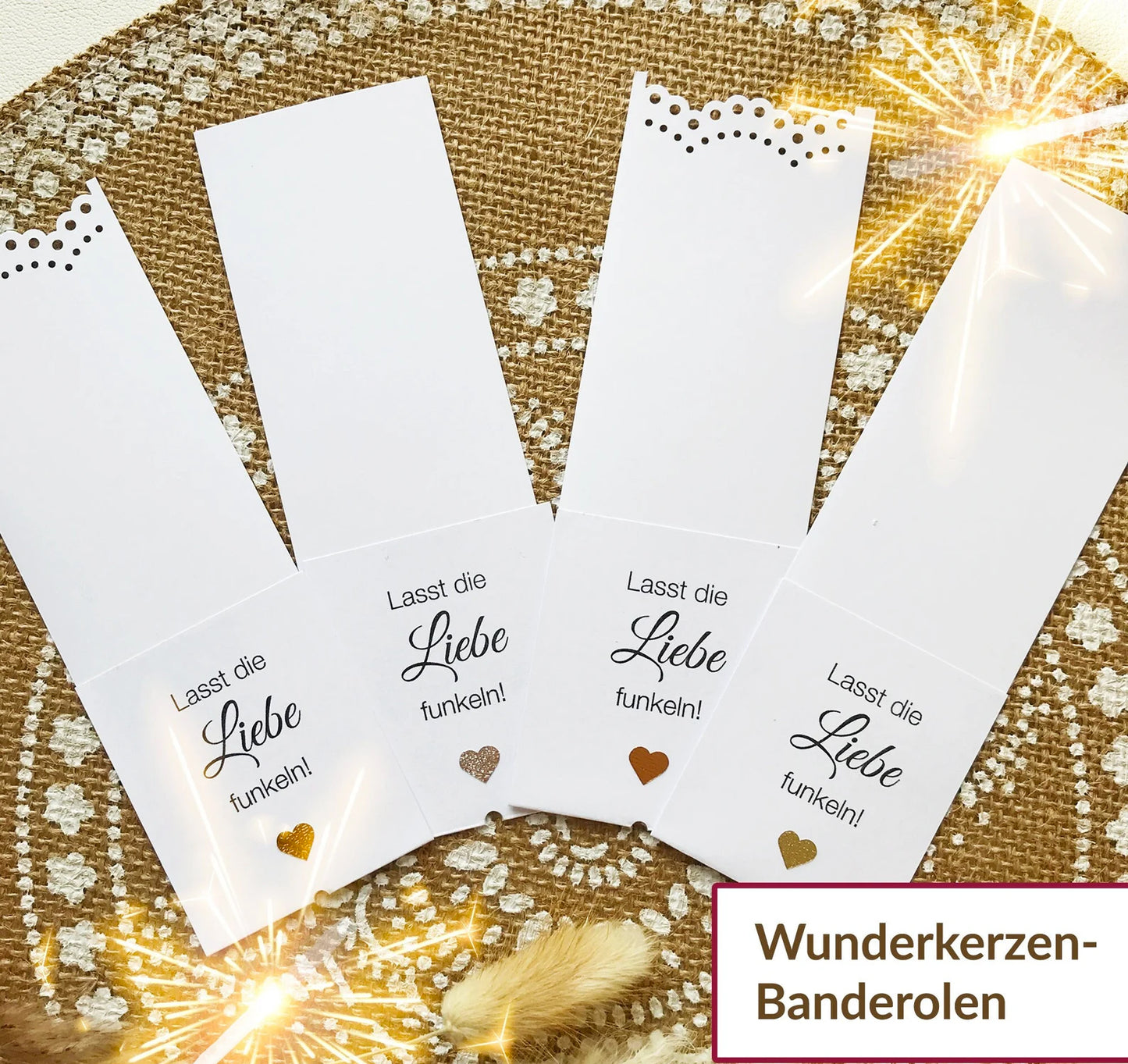 Lasst unsere Liebe leuchten/funkeln: Wunderkerzen / Knicklicht Karten Hochzeit, Schilder für Knicklichter, 20 Stück, WEISS & HERZ, personalisierbar