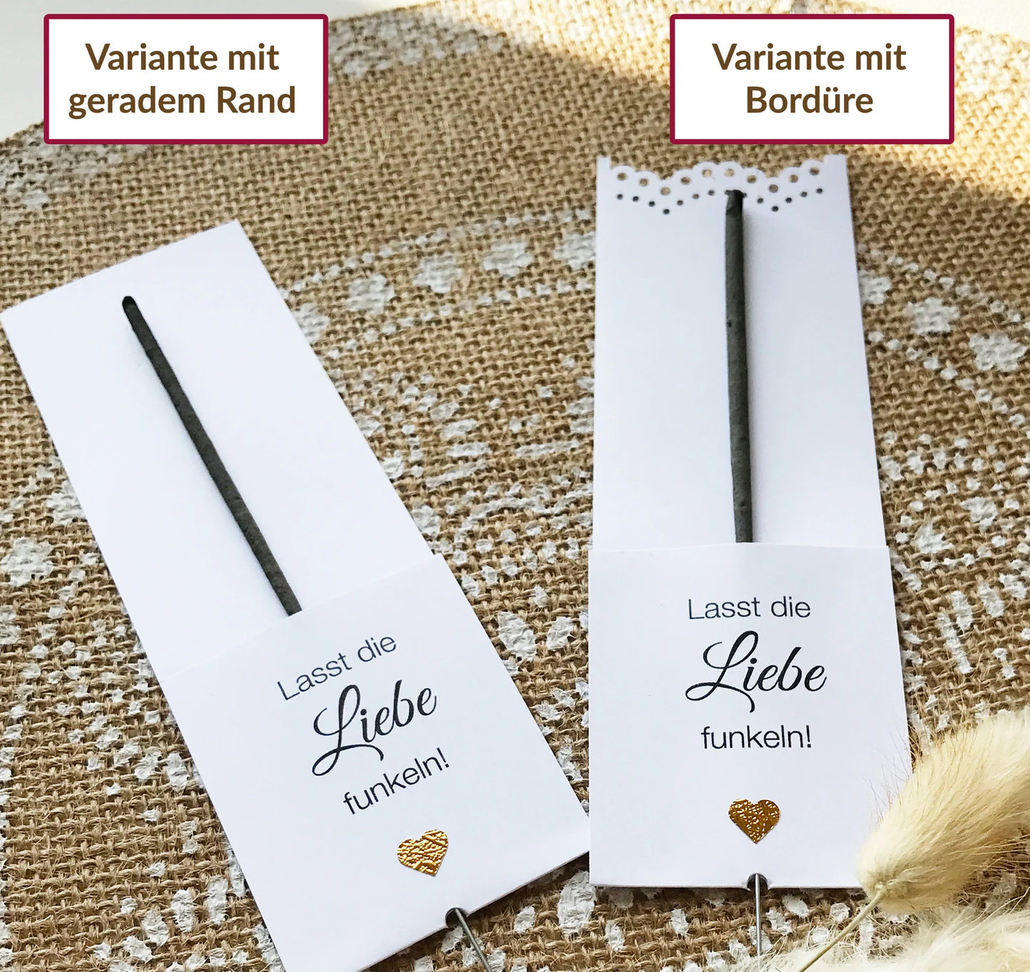 Lasst unsere Liebe leuchten/funkeln: Wunderkerzen / Knicklicht Karten Hochzeit, Schilder für Knicklichter, 20 Stück, WEISS & HERZ, personalisierbar