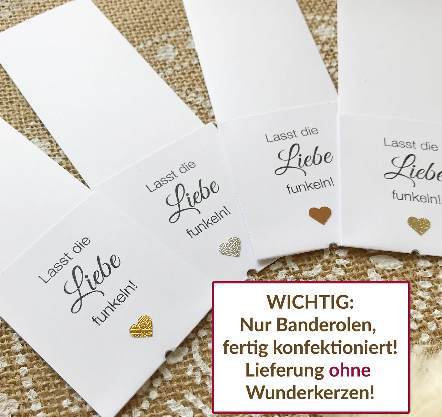 Lasst unsere Liebe leuchten/funkeln: Wunderkerzen / Knicklicht Karten Hochzeit, Schilder für Knicklichter, 20 Stück, WEISS & HERZ, personalisierbar