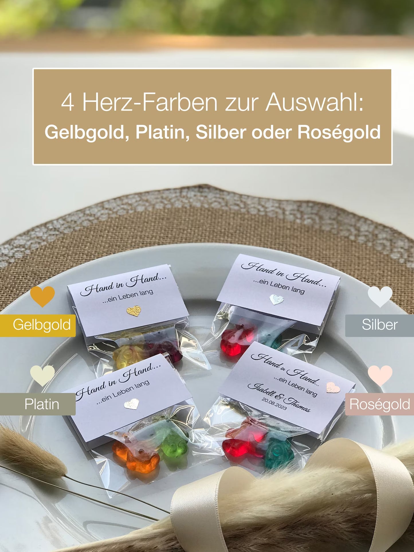 Gastgeschenk zur Hochzeit: Hand in Hand ein Leben lang – Schön, dass du da bist. Bärchen-Pärchen, Gummi-Bärchen, WEISS 10er Set