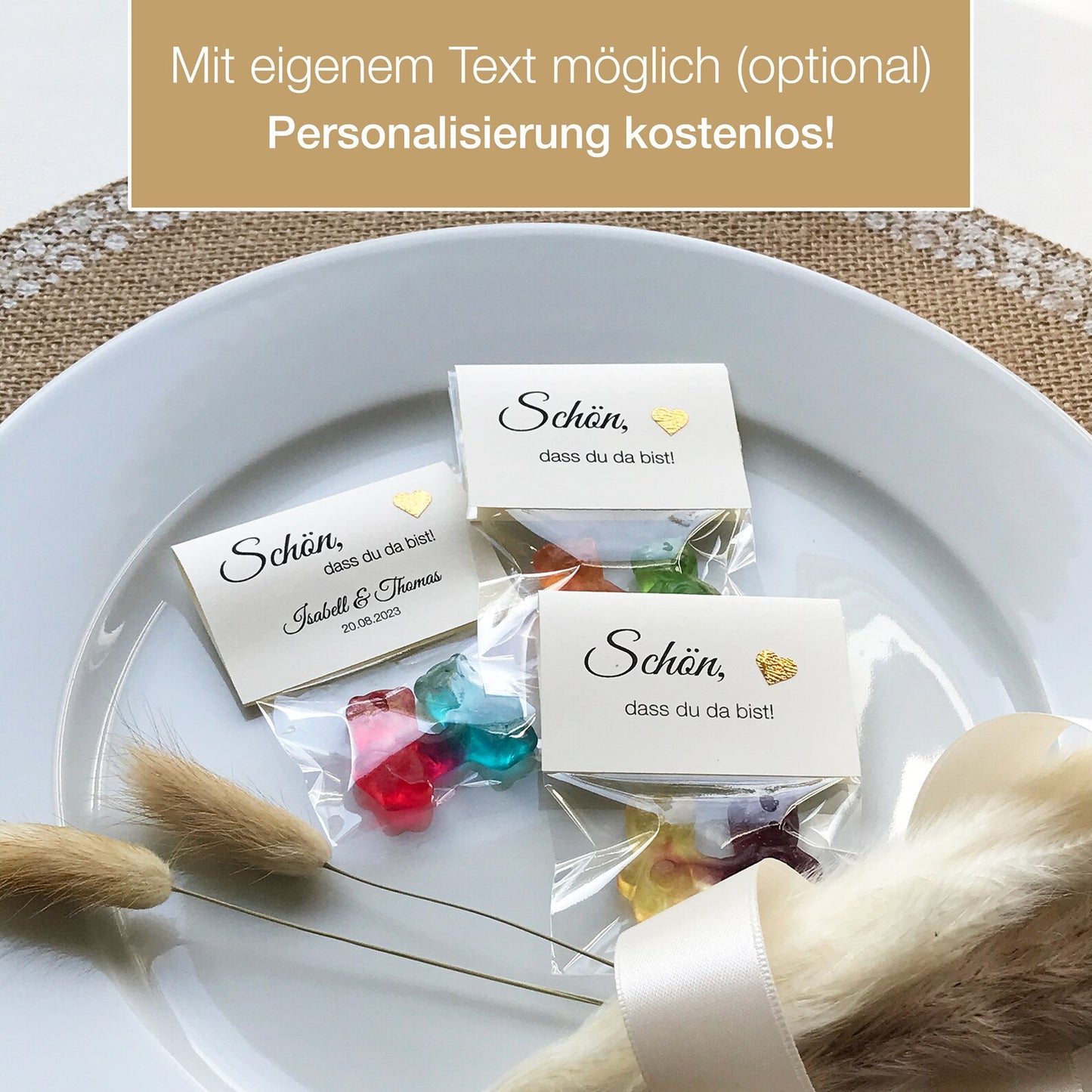 Gastgeschenk zur Hochzeit: Hand in Hand ein Leben lang – Schön, dass du da bist. Bärchen-Pärchen, Gummi-Bärchen, CRÈMEFARBEN 10er Set